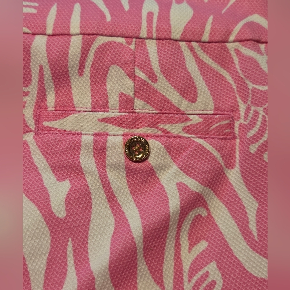 Lilly Pulitzer Palm Beach Fit Cropped Pants Pink Palm Sz 4 Gold Button Preppy - Picture 9 of 12